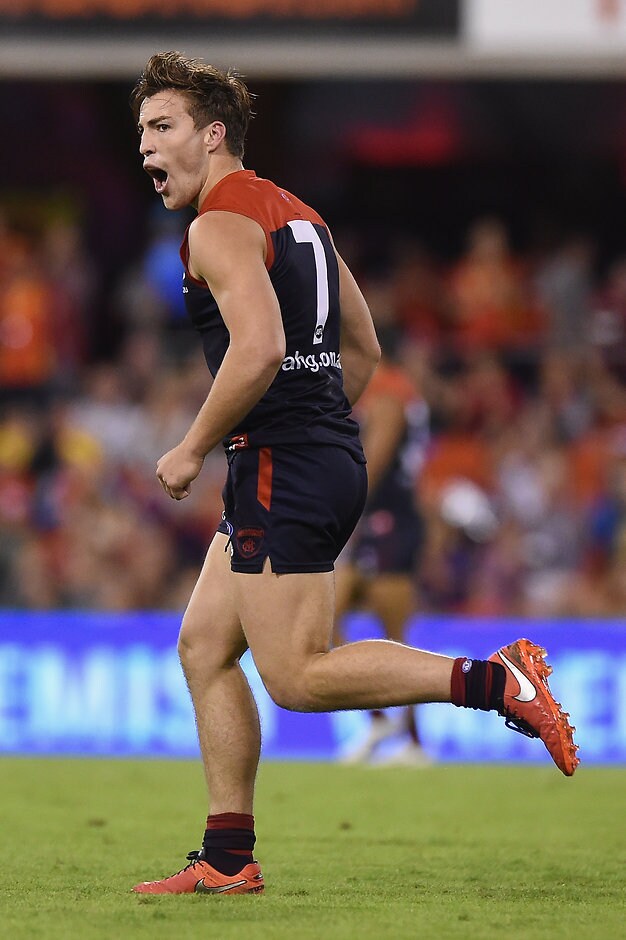 AFL 2016 Rd 07 - Gold Coast v Melbourne GOLD COAST, AUSTRALIA - MAY 7: Jack Viney of the Demons celebrates kicking a goal during the 2016 AFL Round 07 match between the Gold Coast Suns and the Melbourne Demons at Metricon Stadium, Gold Coast on May 7, 2016. (Photo by Matt Roberts/AFL Media)